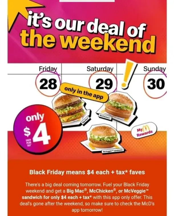 McDonald’s Canada Black Friday Deals 2025 : $4 Big Mac, McChicken or McVeggie November 28‐30