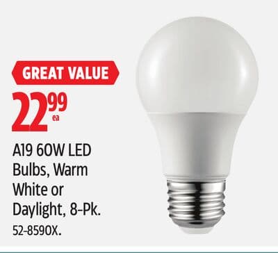 A19 60W LED Bulbs, Warm White or Daylight, 8-Pk