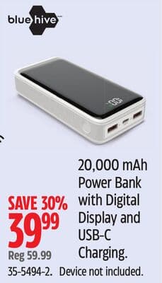Bluehive 20,000 mAh Power Bank with Digital Display and USB-C Charging