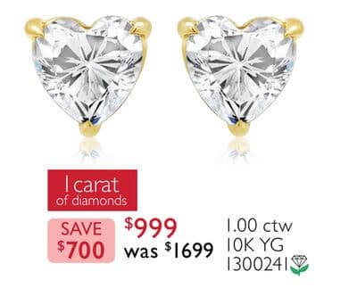 New Brilliance Lab Grown 1.00CTW Heart Diamond Stud Earrings in 10K Yellow Gold