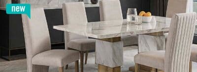 Vega 7pc Dining Set with Table & 6 Chairs, Marble Look, Pedestal Base, 82"W - Natural & White
