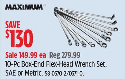 MAXIMUM 10-Pc Box-End Flex-Head Wrench Set. SAE or Metric.