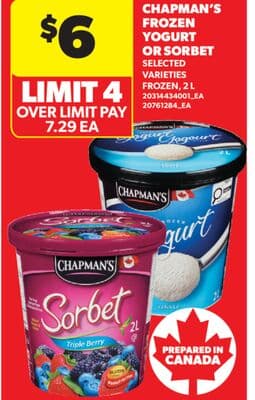 CHAPMAN'S FROZEN YOGURT OR SORBET, 2 L