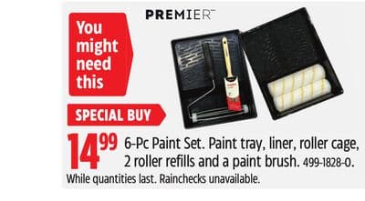 Premier 6-Pc Paint Set. Paint tray, liner, roller cage, 2 roller refills and a paint brush