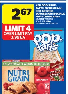 KELLOGG'S POP-TARTS, NUTRI GRAIN, RICE KRISPIES SQUARES OR SPECIAL K FRUIT CRISPS BARS, 6-10' S, 125-384 G