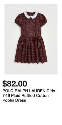 POLO RALPH LAUREN Girls 7-16 Plaid Ruffled Cotton Poplin Dress