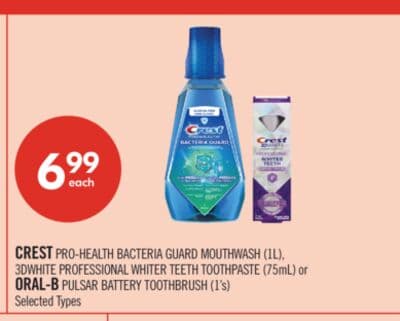 CREST PRO-HEALTH BACTERIA GUARD MOUTHWASH (1L), 3DWHITE PROFESSIONAL WHITER TEETH TOOTHPASTE (75mL) or ORAL-B PULSAR BATTERY TOOTHBRUSH (1's)