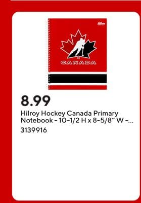 Hilroy Hockey Canada Primary Notebook - 10-1/2 H x 8-5/8" W - Red/Black