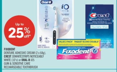 FIXODENT DENTURE ADHESIVE CREAM (2x68 g), CREST 3D WHITESTRIPS NOTICEABLY WHITE (10's) or ORAL-B i05 GUM & SENSITIVE CARE RECHARGEABLE TOOTHBRUSH