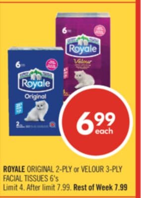 ROYALE ORIGINAL 2-PLY or VELOUR 3-PLY FACIAL TISSUES 6's