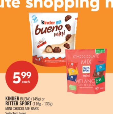 KINDER BUENO (145g) or RITTER SPORT (116g – 133g) MINI CHOCOLATE BARS