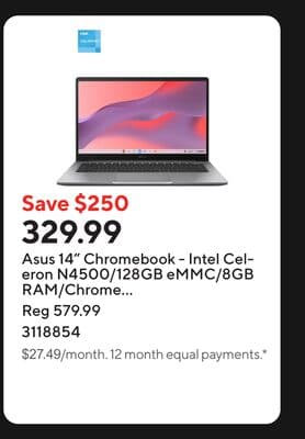 Asus 14" Chromebook - Intel Celeron N4500/128GB eMMC/8GB RAM/Chrome OS with 3 months of Google AI Pro