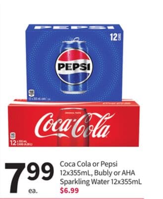 Coca Cola or Pepsi 12x355mL, Bubly or AHA Sparkling Water 12x355mL