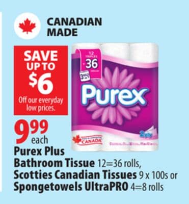 Purex Plus Bathroom Tissue 12=36 rolls, Scotties Canadian Tissues 9 x 100s or Spongetowels UltraPRO 4=8 rolls