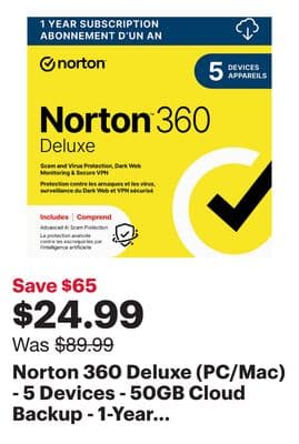 Norton 360 Deluxe (PC/Mac) - 5 Devices - 50GB Cloud Backup - 1-Year Subscription - Digital Download