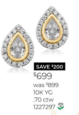 New Brilliance Lab Grown 0.70CTW Pear Diamond Stud Earrings in 10K Yellow Gold