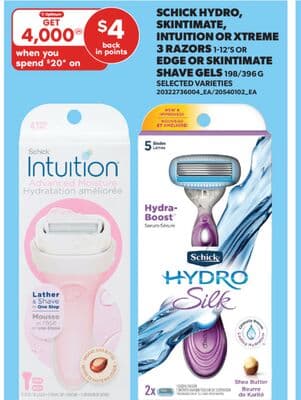 SCHICK HYDRO, SKINTIMATE, INTUITION OR XTREME 3 RAZORS, 1-12'S OR EDGE OR SKINTIMATE SHAVE GELS, 198/396 G