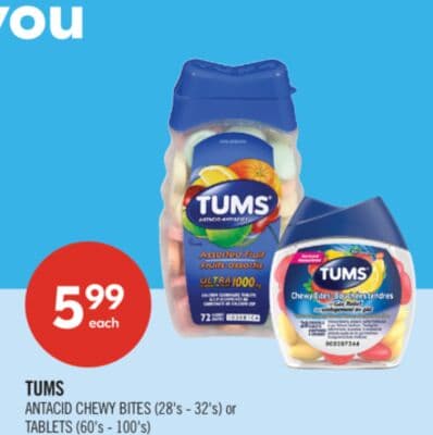 TUMS ANTACID CHEWY BITES (28's - 32's) or TABLETS (60's - 100's)