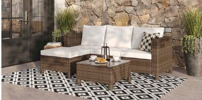 Miami 3-Piece Outdoor Patio Conversation Set with Sofa, Ottoman & Glass Top Coffee Table - Hand-Woven Resin Wicker, UV & Weather Resistant - Brown/Taupe