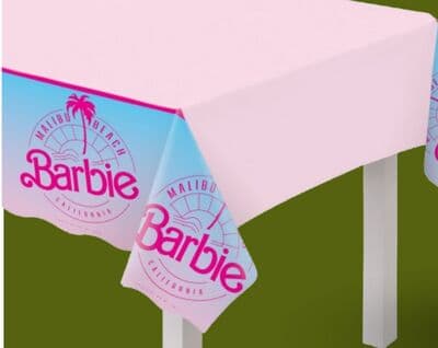 Mattel Barbie "Barbie Malibu Beach, California"Rectangle Plastic Reusable Table Cover, Pink/Blue, 54x96-in, for Birthday Party