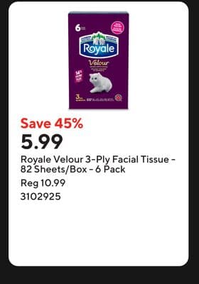 Royale Velour 3-Ply Facial Tissue - 82 Sheets/Box - 6 Pack