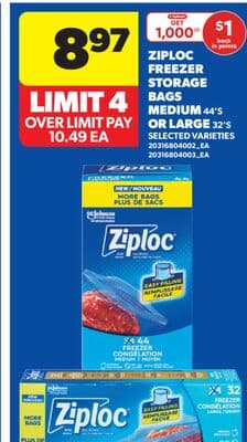 ZIPLOC FREEZER STORAGE BAGS MEDIUM, 44'S OR LARGE, 32'S