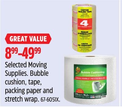 Selected Moving Supplies. Bubble cushion, tape, packing paper and stretch wrap.