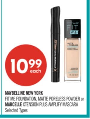 MAYBELLINE NEW YORK FIT ME FOUNDATION, MATTE PORELESS POWDER or MARCELLE XTENSION PLUS AMPLIFY MASCARA