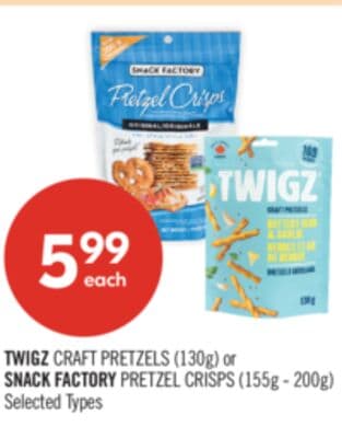 TWIGZ CRAFT PRETZELS (130g) or SNACK FACTORY PRETZEL CRISPS (155g - 200g)