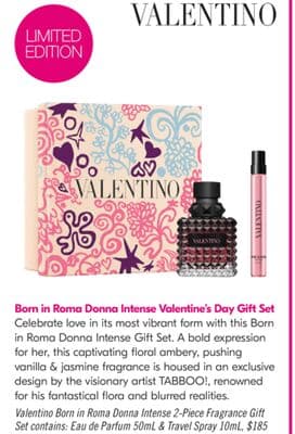 Valentino Born in Roma Donna Intense 2-Piece Fragrance Gift Set contains: Eau de Parfum 50ml & Travel Spray 10ml. $185