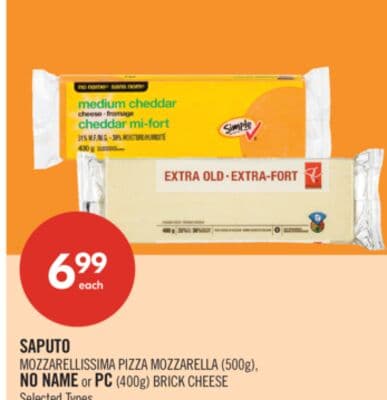 SAPUTO MOZZARELLISSIMA PIZZA MOZZARELLA (500g), NO NAME or PC (400g) BRICK CHEESE