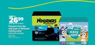 PAMPERS EASY UPS CLUB PACK OR NINJAMAS TRAINING PANTS, 46-74'S