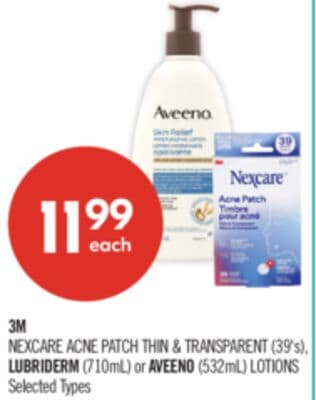 3M NEXCARE ACNE PATCH THIN & TRANSPARENT (39's), LUBRIDERM (710mL) or AVEENO (532mL) LOTIONS
