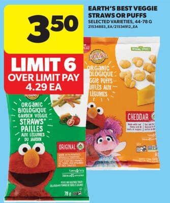 EARTH'S BEST VEGGIE STRAWS OR PUFFS, 44-78 G