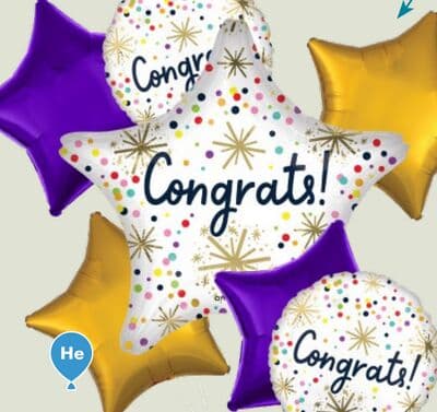 "Congrats" Star Confetti Sprinkle Polka Dot Satin Foil Balloon Bouquet with Star Foil Balloons, Multi-Coloured, 7-pk, Helium Inflation & Ribbon Included