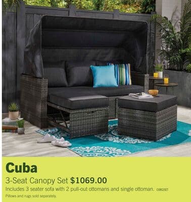 Cuba Canopy Outdoor Patio Conversation Set with Canopy Sofa, Ottoman & 2 Self-Storing Ottomans - Hand-Woven Resin Wicker, UV & Weather Resistant - Charcoal