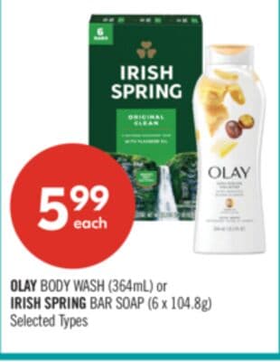 OLAY BODY WASH (364mL) or IRISH SPRING BAR SOAP (6 x 104.8g)