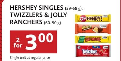 HERSHEY SINGLES (39-58 g), TWIZZLERS & JOLLY RANCHERS (60-90 g)