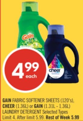GAIN FABRIC SOFTENER SHEETS (120's), CHEER (1.36L) or GAIN (1.31L - 1.36L) LAUNDRY DETERGENT
