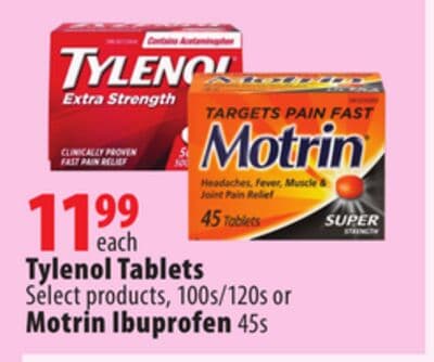 Tylenol Tablets Select products, 100s/120s or Motrin Ibuprofen 45s