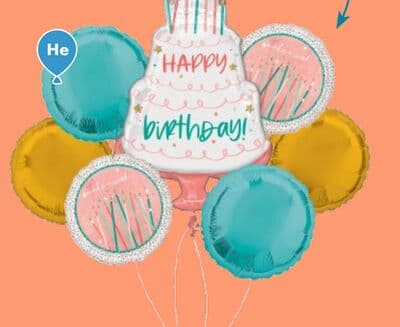 "Happy Birthday" Cake Day Supershape Balloon Bouquet with Round Foil Balloons, Teal and Gold, 7-pk, Helium Inflation & Ribbon Included