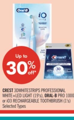 CREST 3DWHITESTRIPS PROFESSIONAL WHITE+LED LIGHT (19's), ORAL-B PRO 1000 or iO3 RECHARGEABLE TOOTHBRUSH (1's)