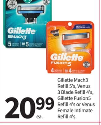 Gillette Mach3 Refill 5's, Venus 3 Blade Refill 4's, Gillette Fusion5 Refill 4's or Venus Female Intimate Refill 4's