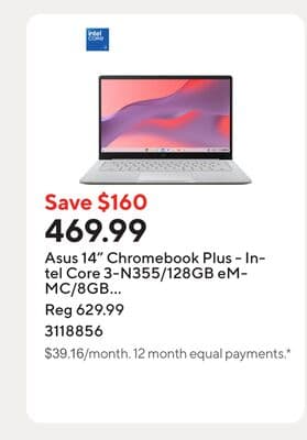 Asus 14" Chromebook Plus - Intel Core 3-N355/128GB eMMC/8GB RAM/Chrome OS with 1 year of Google AI Pro