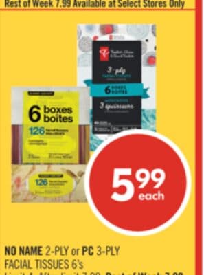 NO NAME 2-PLY or PC 3-PLY FACIAL TISSUES 6's