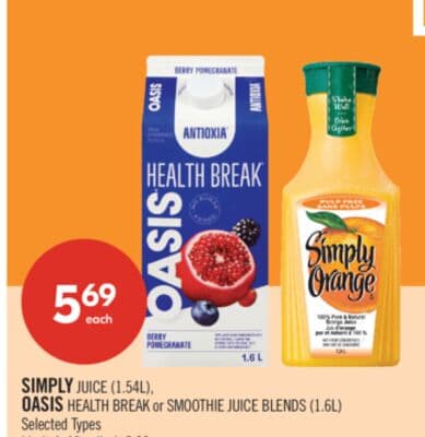 SIMPLY JUICE (1.54L), OASIS HEALTH BREAK or SMOOTHIE JUICE BLENDS (1.6L)