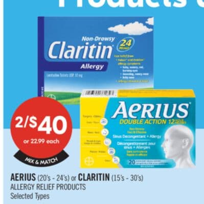 AERIUS (20's - 24's) or CLARITIN (15's - 30's) ALLERGY RELIEF PRODUCTS
