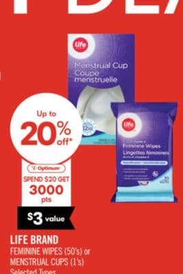 LIFE BRAND FEMININE WIPES (50's) or MENSTRUAL CUPS (1's)