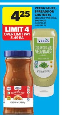 VEEBA SAUCE, SPREADS OR CHUTNEYS, 300-400 G