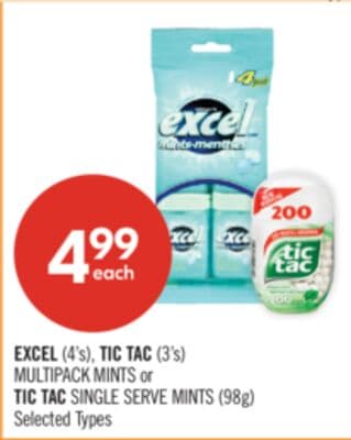 EXCEL (4's), TIC TAC (3's) MULTIPACK MINTS or TIC TAC SINGLE SERVE MINTS (98g)